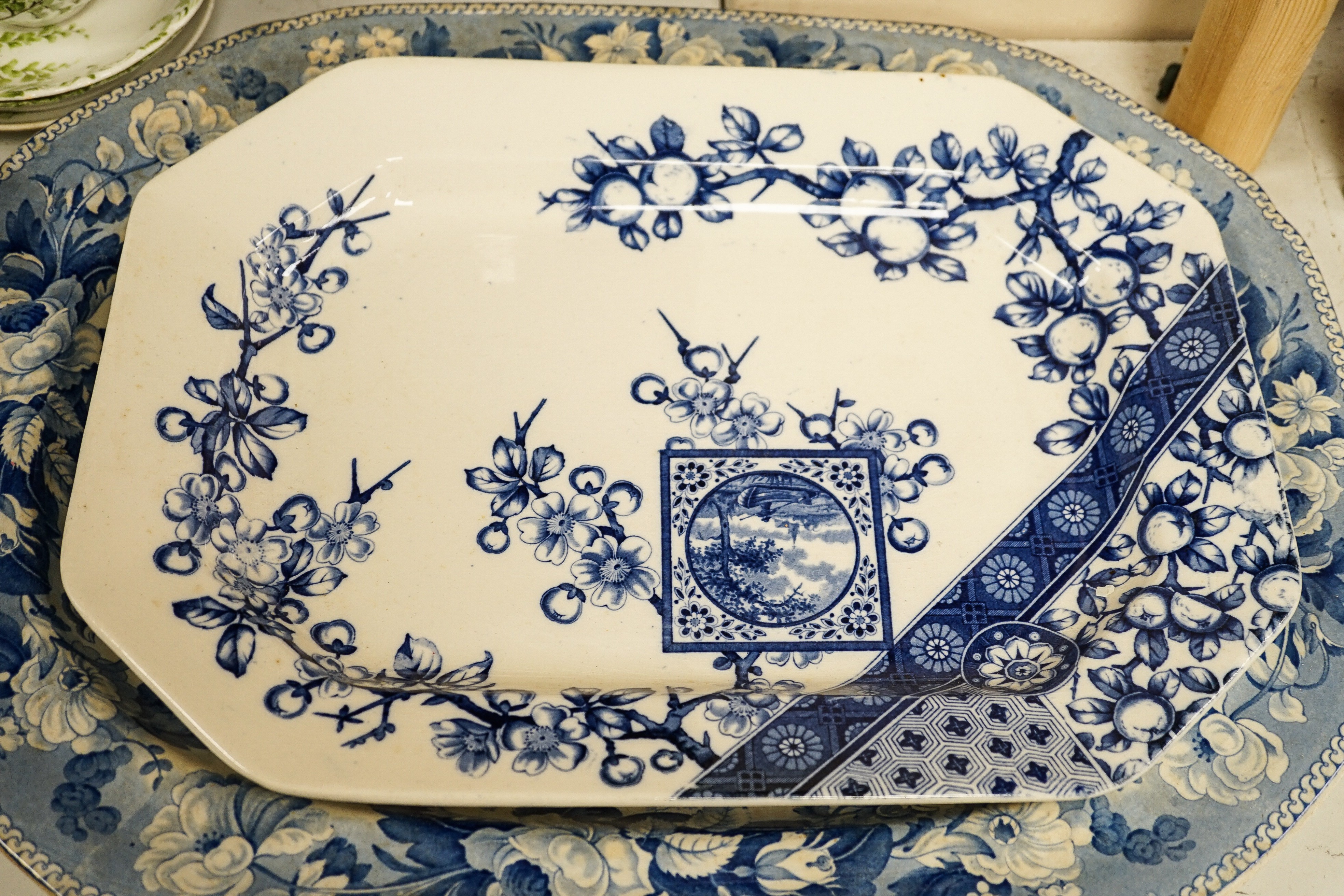 A 19th century enamel pottery jardiniere, Chinese jar and cover, a Copelands hand painted tea set, 2 blue and white meat platters, a Imari style cup and saucer etc. Jardiniere 19 cms, high.